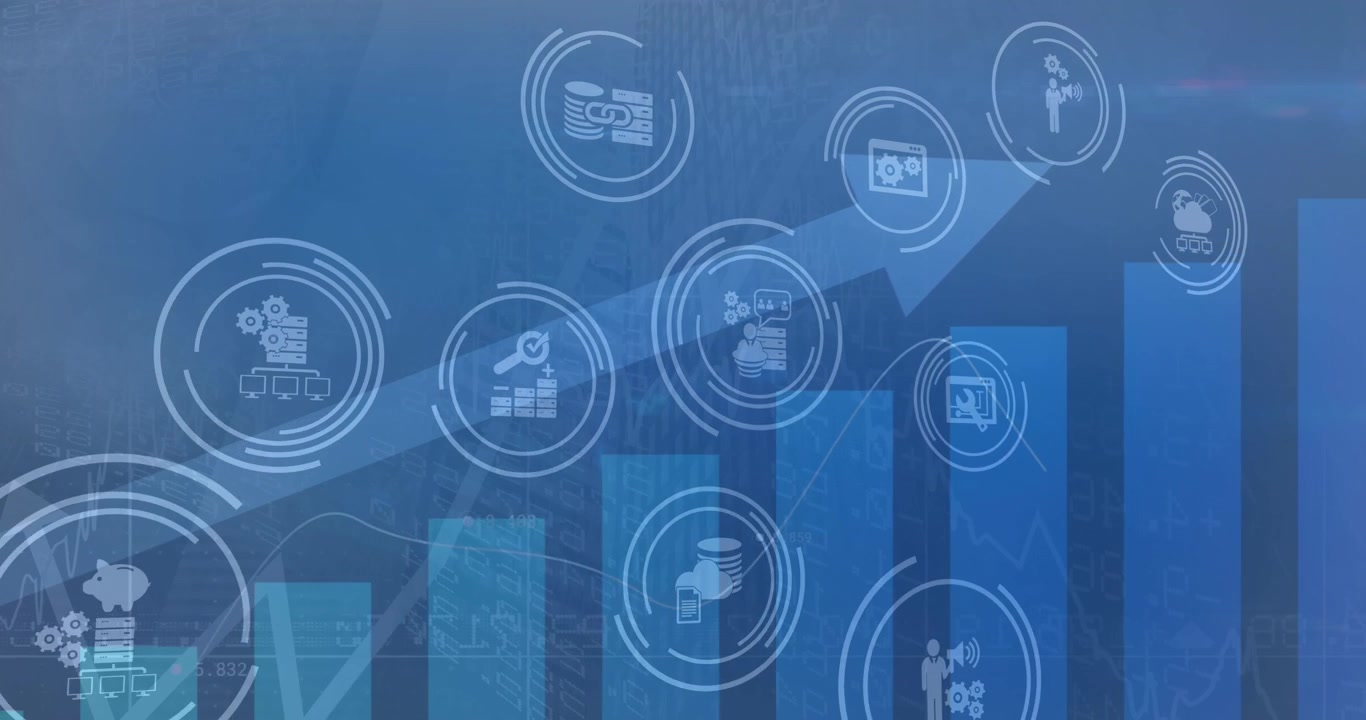 Animation of digital icons and statistical data processing against aerial view of cityscape