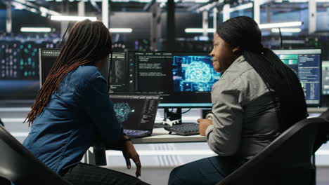 Data center coworkers doing brainstorming, using artificial intelligence