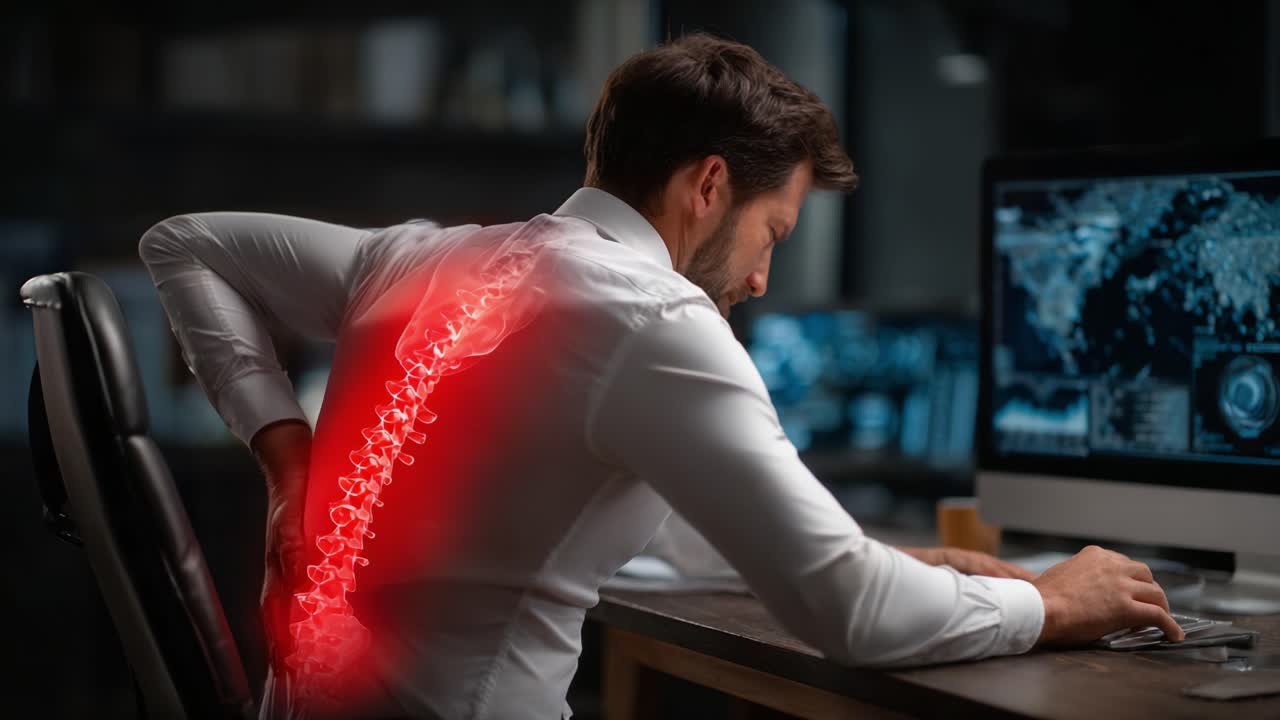 A Professional Man at His Desk Experiencing Back Pain While Engaging with Technology and Monitoring Data, Highlighting the Importance of Ergonomics and Health Awareness
