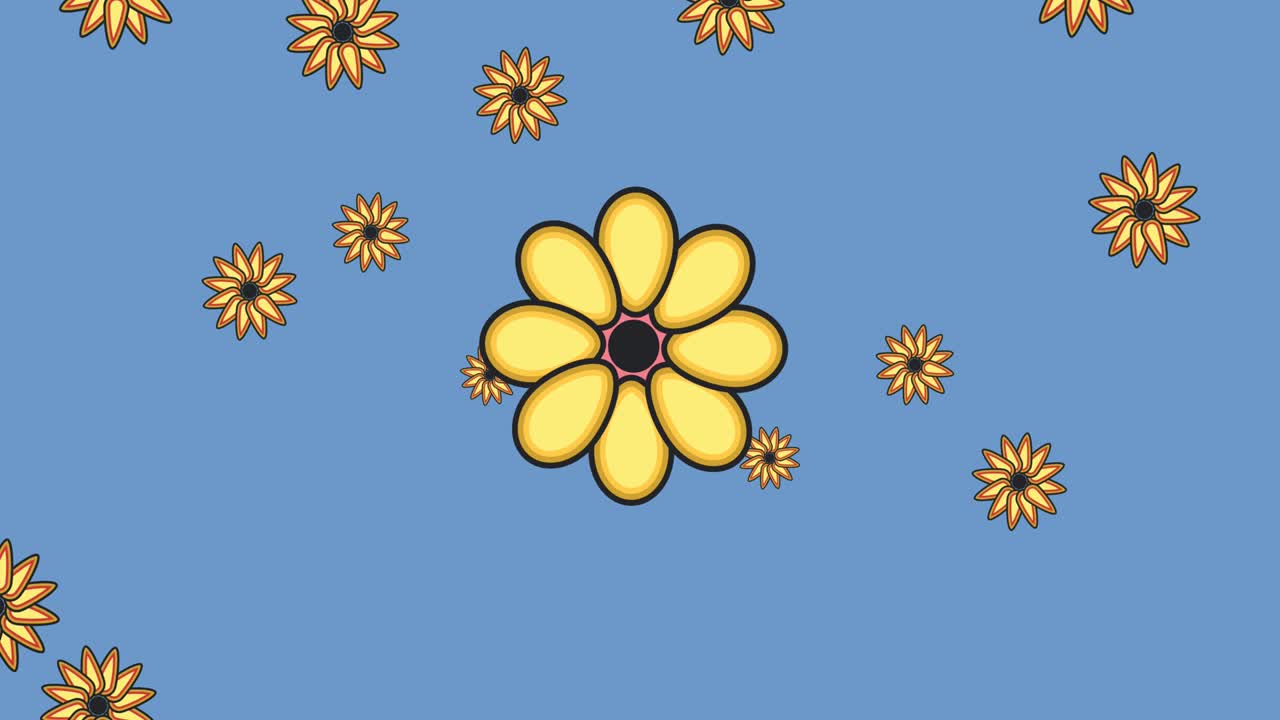 animación de múltiples flores amarillas que se mueven sobre un fondo azul