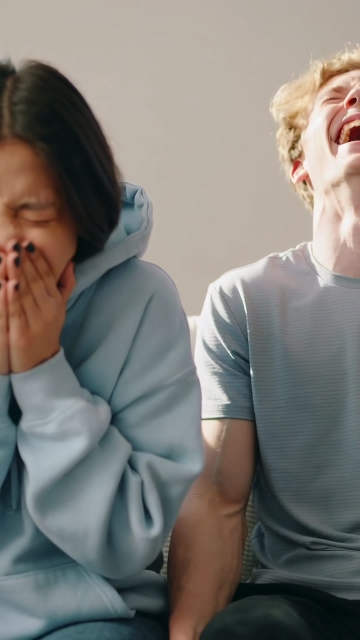 Young Man and Woman Laughing Heartily Together