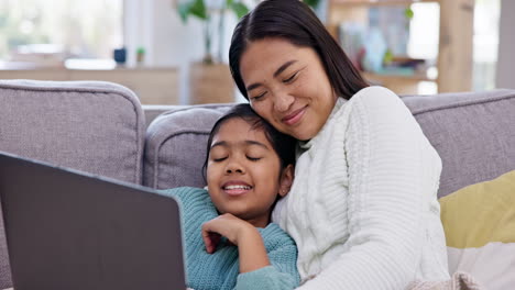 Laptop,-family-and-watching-video-of-mother