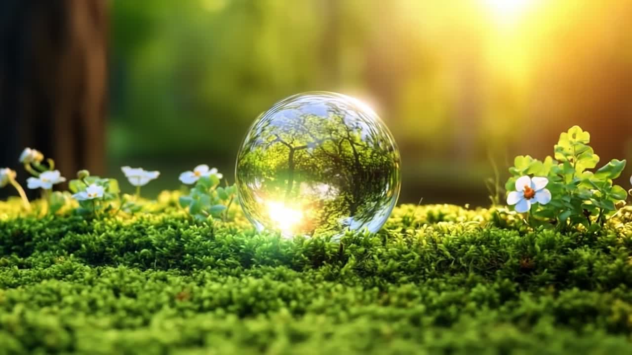 Morning light on moss bubble. Sunlight glimmers off a bubble resting on vibrant moss surrounded by small flowers during a tranquil morning.