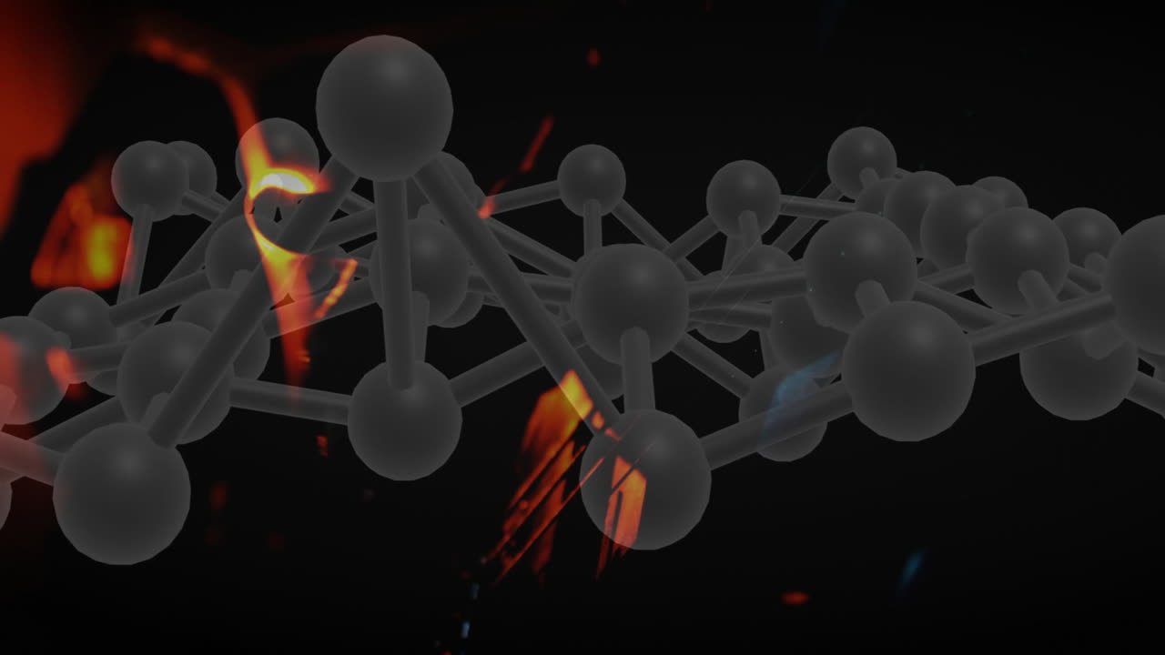 Molecular model being rendered floating across frame, with glowing atom and translucent spheres