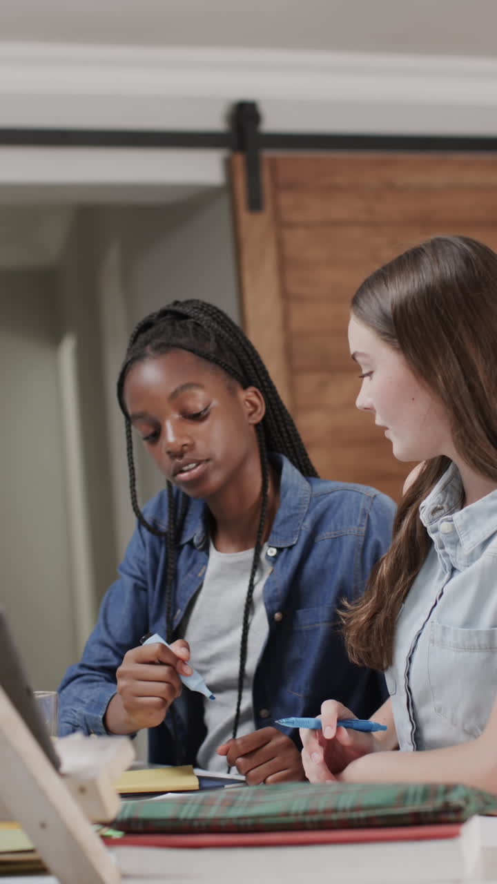 Vertical video of diverse teenage female friends using laptop and learning in slow motion