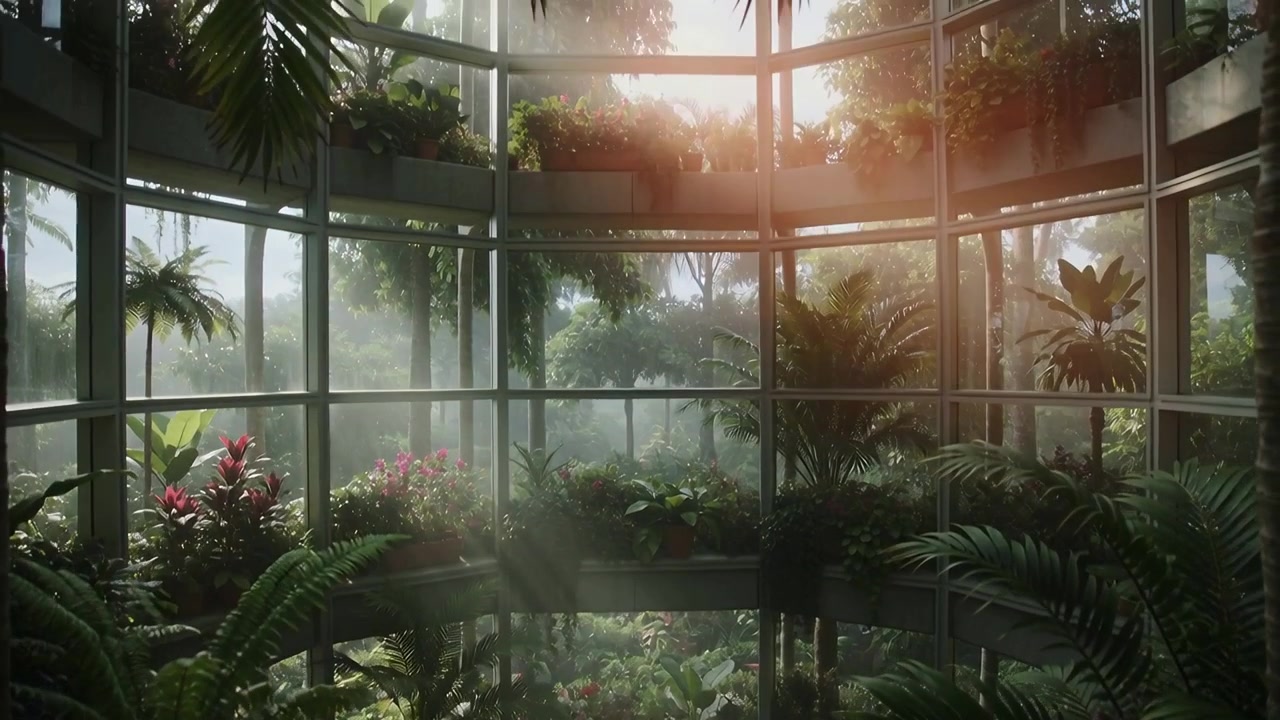 Il sole nascente proietta raggi nella veranda mostrando piante tropicali su aiuole a gradoni, la nebbia si dirada