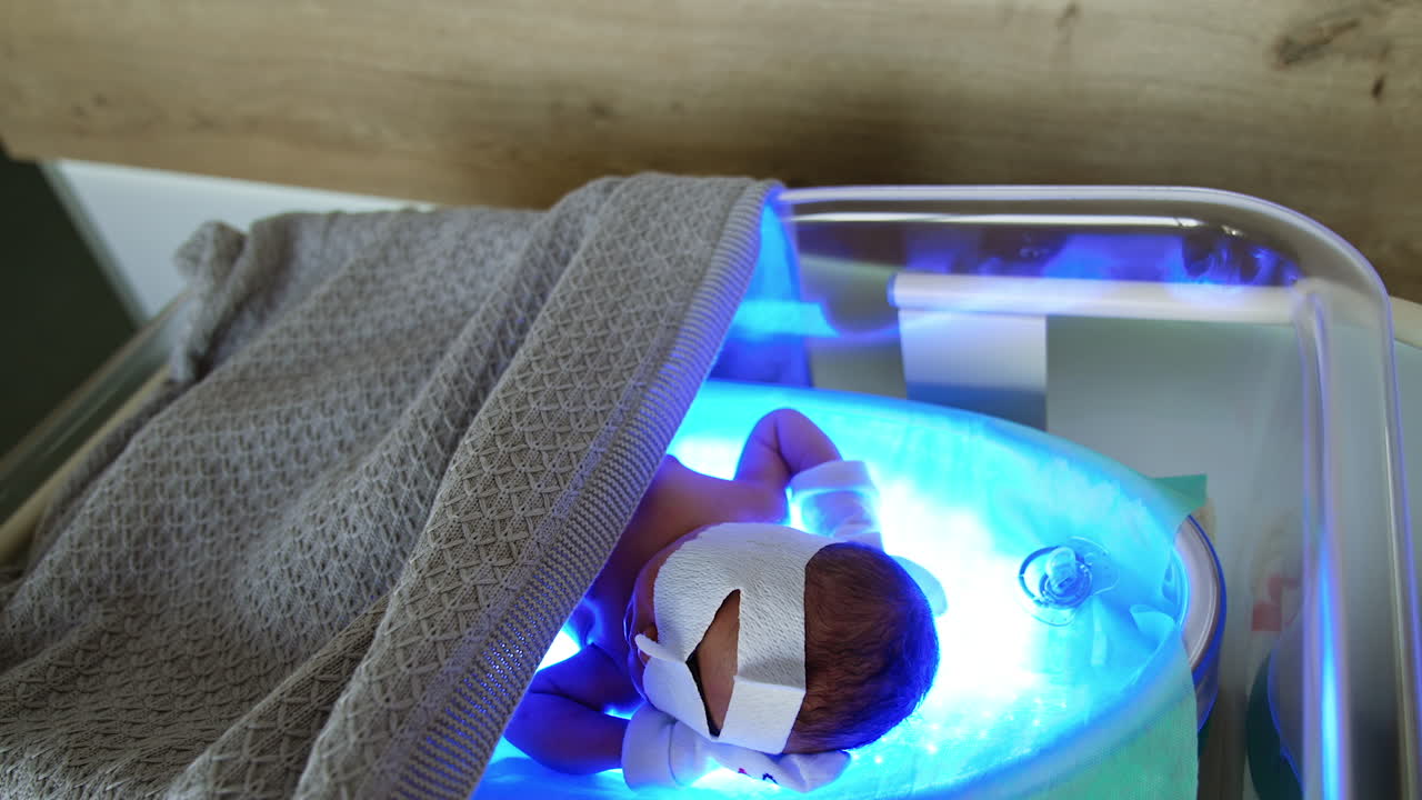 Phototherapy from high level of bilirubin for a newborn. Child with bandage on eyes lies on the UV lamp in his crib.