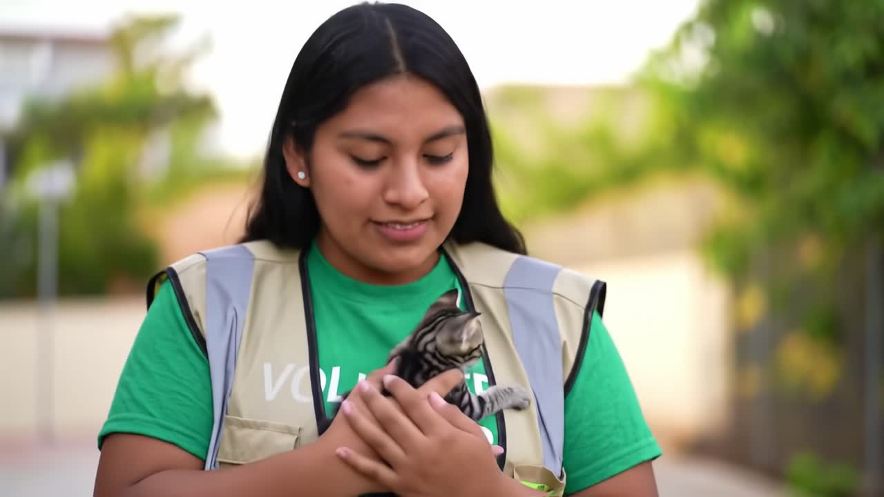 A Young Volunteer Cares for an Adorable Kitten, Showcasing Compassion and Love for Animals During a Heartwarming Moment in the Community