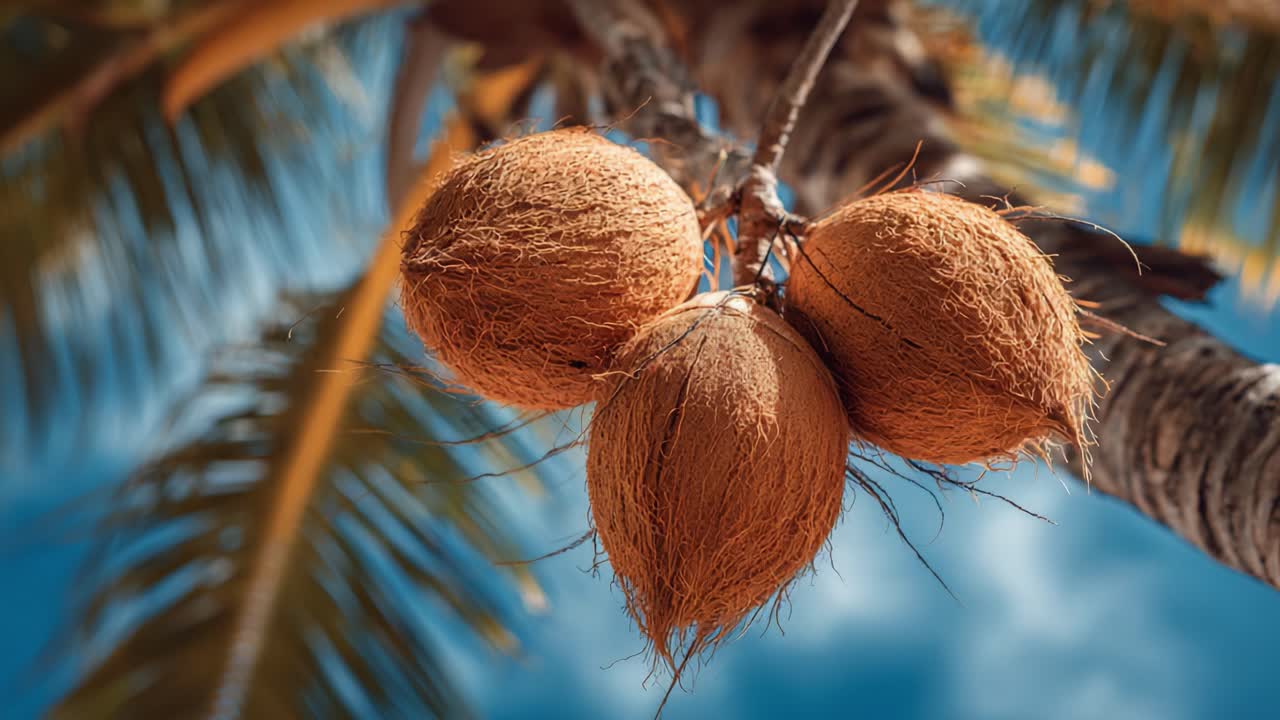 Un primo piano di noci di cocco mature appese a una palma, che mette in risalto la loro consistenza e i colori vivaci contro un cielo blu limpido, catturando l'essenza della flora tropicale.