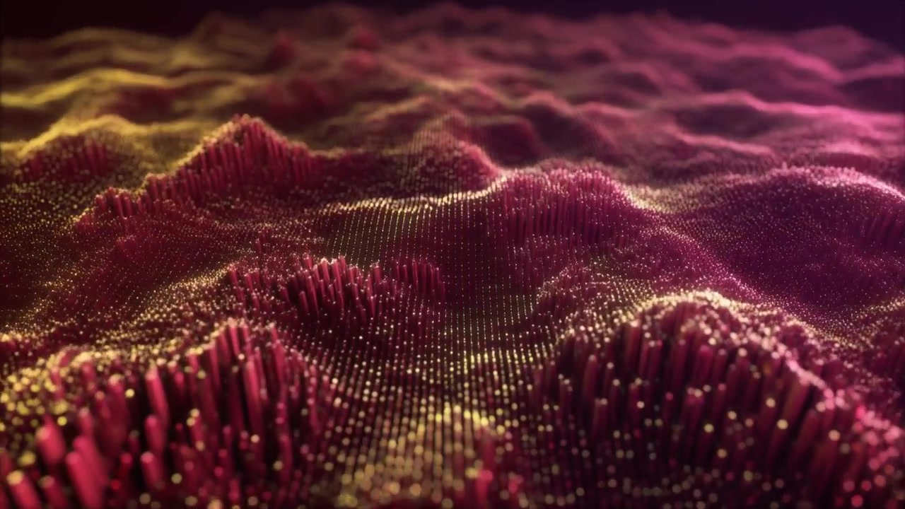 Abstract Digital Landscape with Glowing Pink and Gold Particle Waves