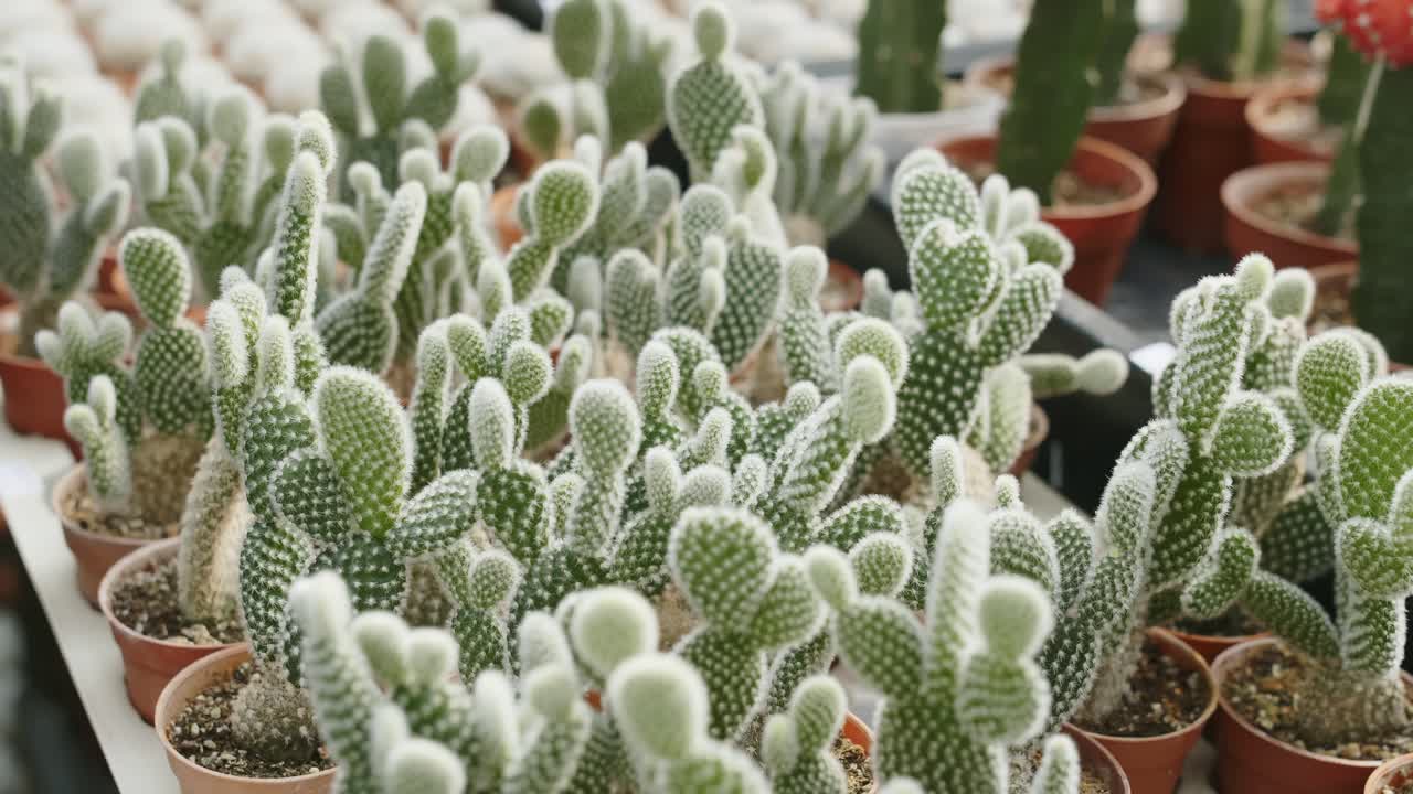 Cactus orecchie di coniglio esposti in vasi nel vivaio di cactus