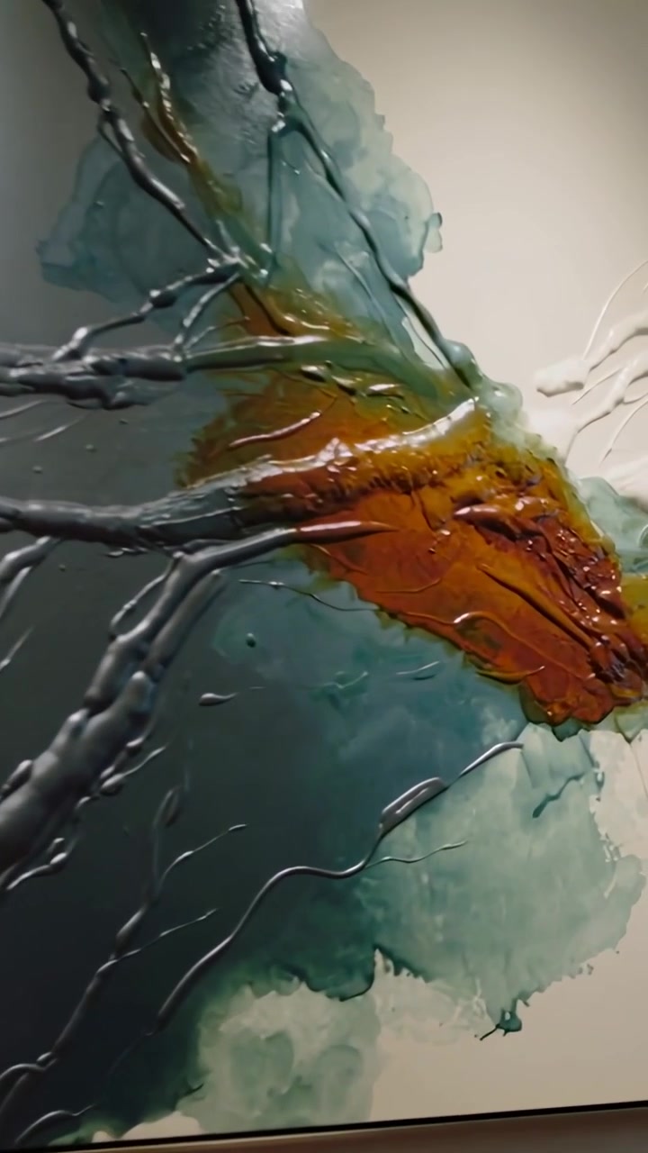 Vertical video: Panning camera from column at gallery to painting close, showing texture and drips