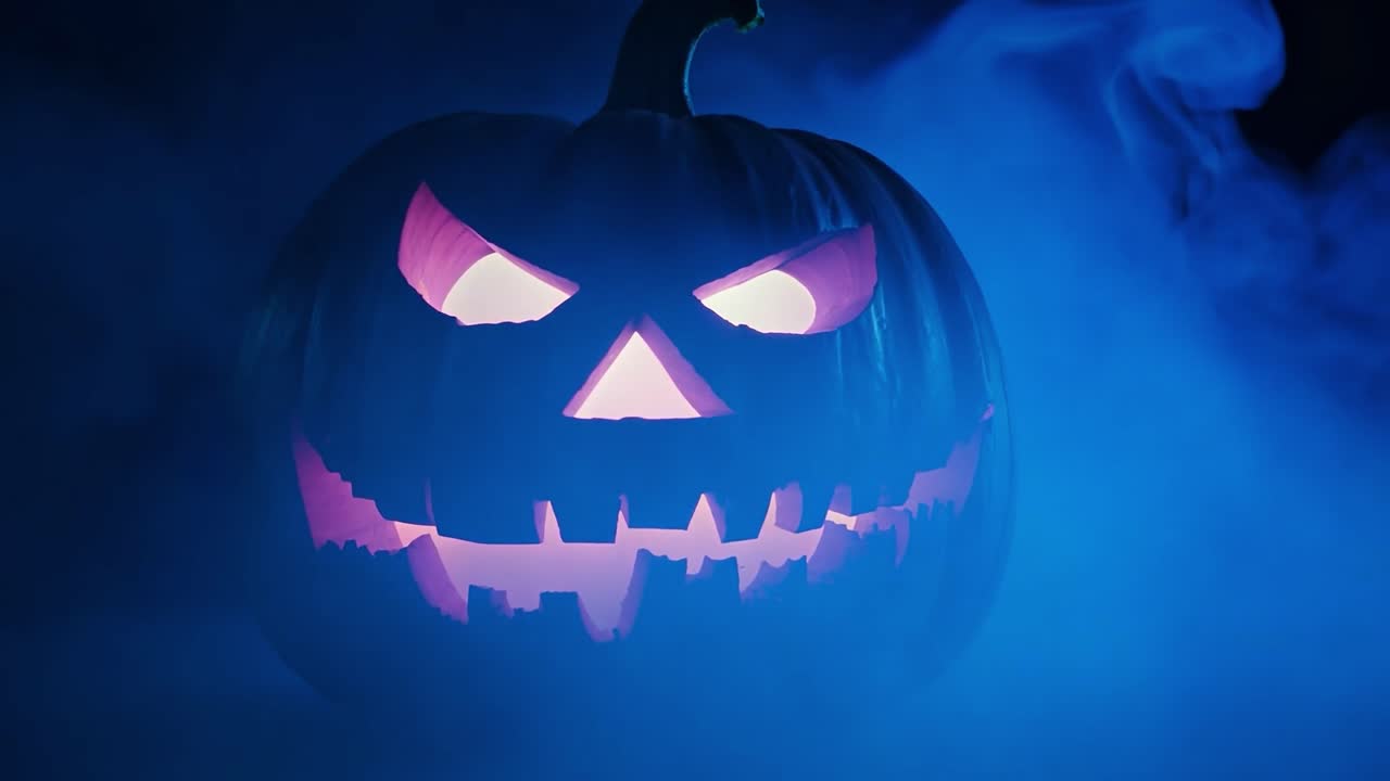 una espeluznante calabaza de halloween con humo azul
