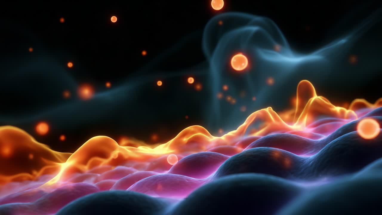 A mesmerizing visualization of a vibrant, abstract landscape showcasing undulating waves of energy, glowing particles, and intricate textures, representing the dynamic nature of the unseen world at a microscopic level