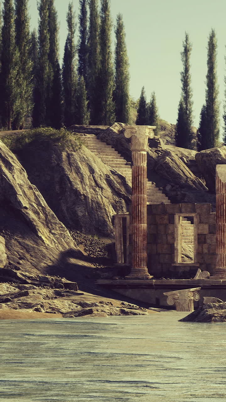 Ancient ruins beside calm waters with cypress trees in the background