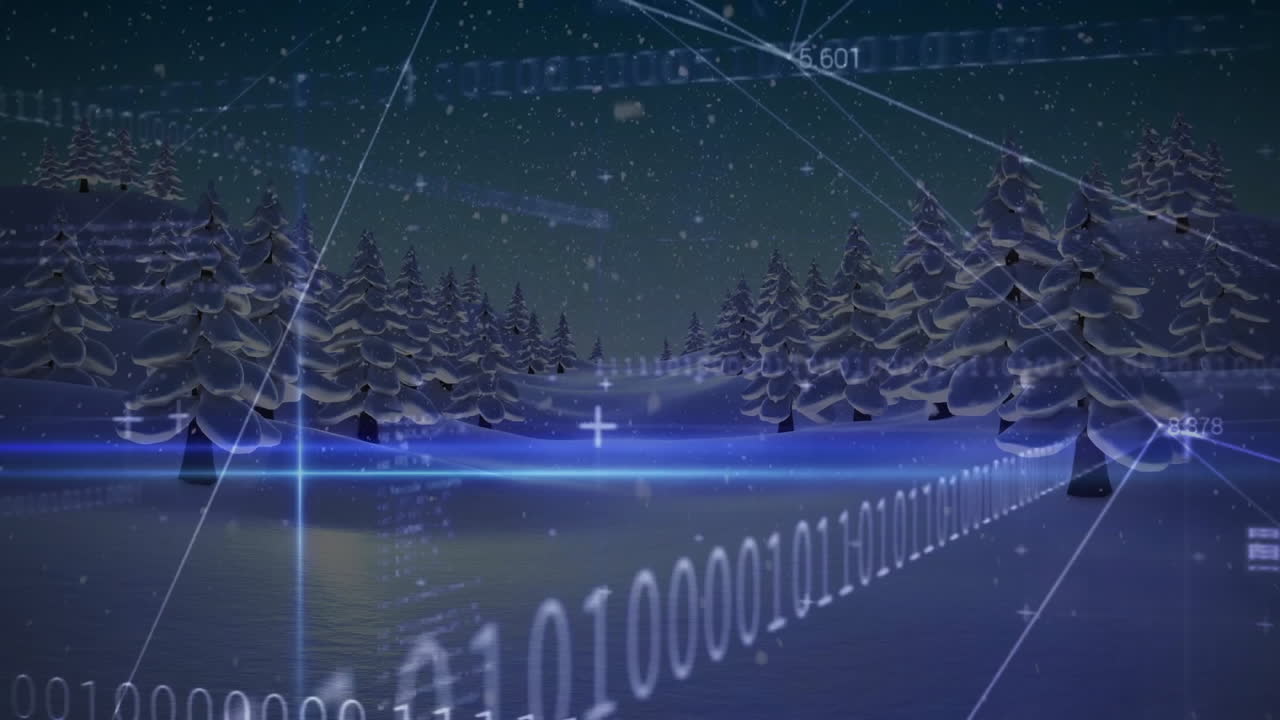 Stylized CGI winter forest showing snow-laden pines, drifting binary code, glowing data beams
