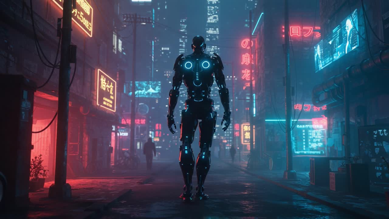 A futuristic robot strides through a neon-lit city, surrounded by holographic advertisements and vibrant colors, showcasing advanced technology and urban life