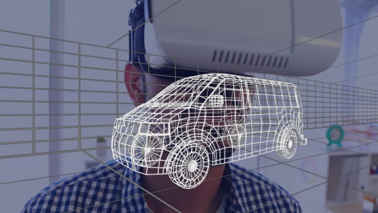 vr 헤드 ⁇ 을 사용하여 사람 위의 자동차의 디지털 3d 드로잉의 애니메이션