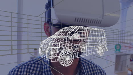 animazione di un disegno digitale 3d di un'auto sopra un uomo utilizzando un auricolare vr