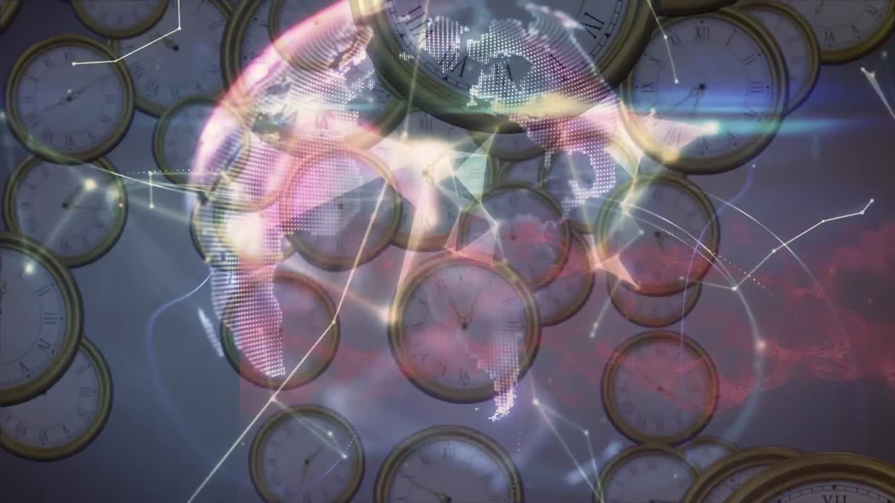 떨어지는 시계를 가로지르는 연결의 글로벌 네트워크의 애니메이션