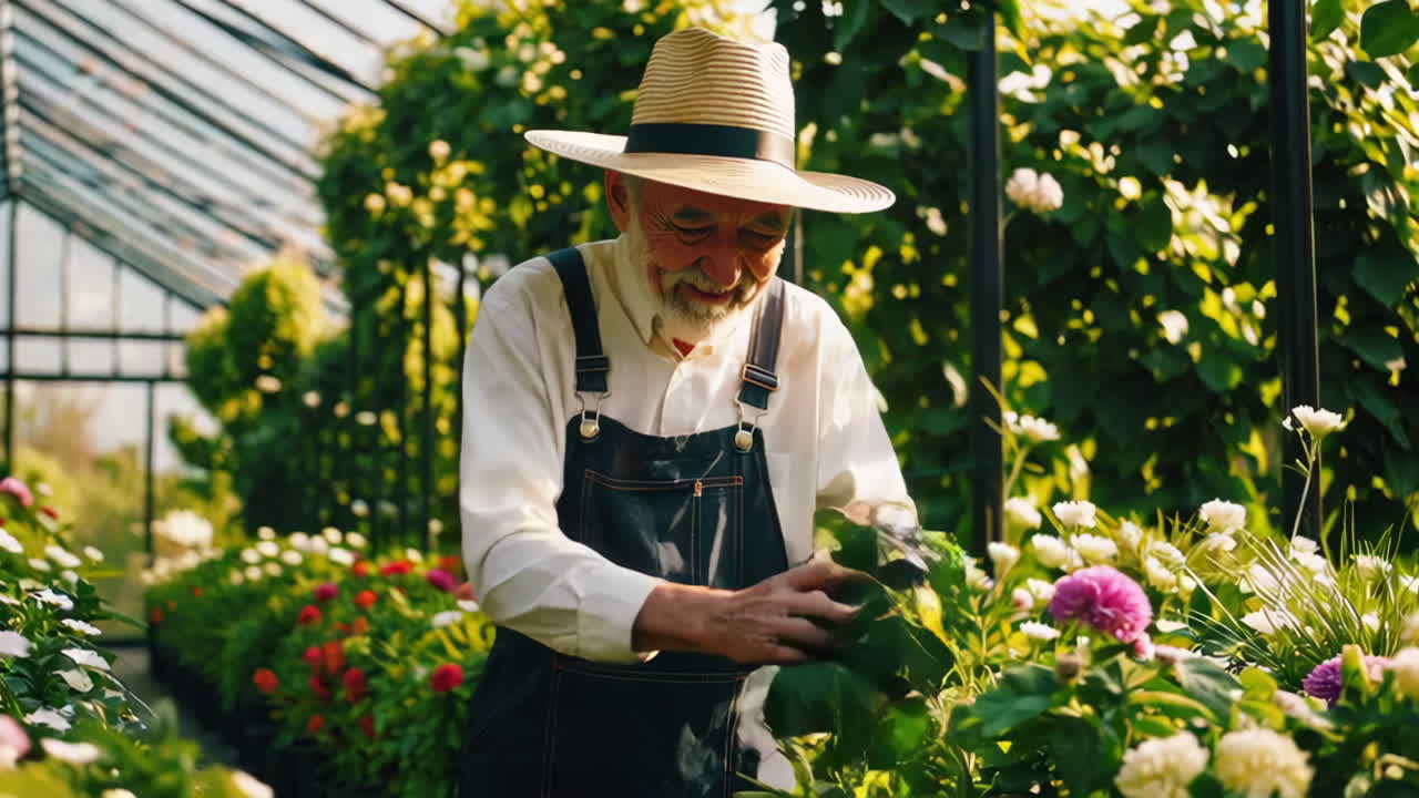 Senior Gardener Examining Plants in Greenhouse