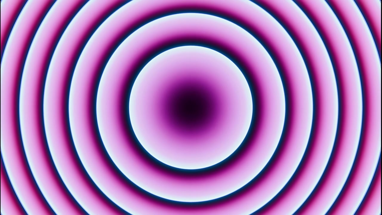 Composizione astratta centrata con anelli concentrici al neon attorno a un disco centrale luminoso, sfumature radiali lisce, separatori scuri, sfumature vivaci di ciano, verde acqua, magenta, viola, profondità lucida, forte simmetria