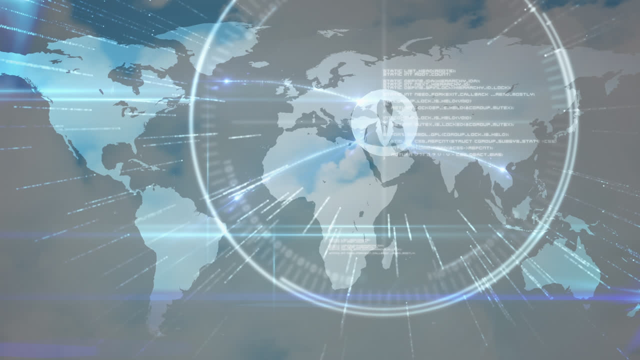 연결 네트워크의 애니메이션, 세계 지도 및 하늘에서 데이터 처리