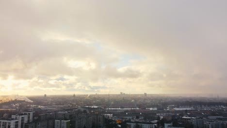 apocalyptic scene over the city with block houses on dawn, aerial opening shot