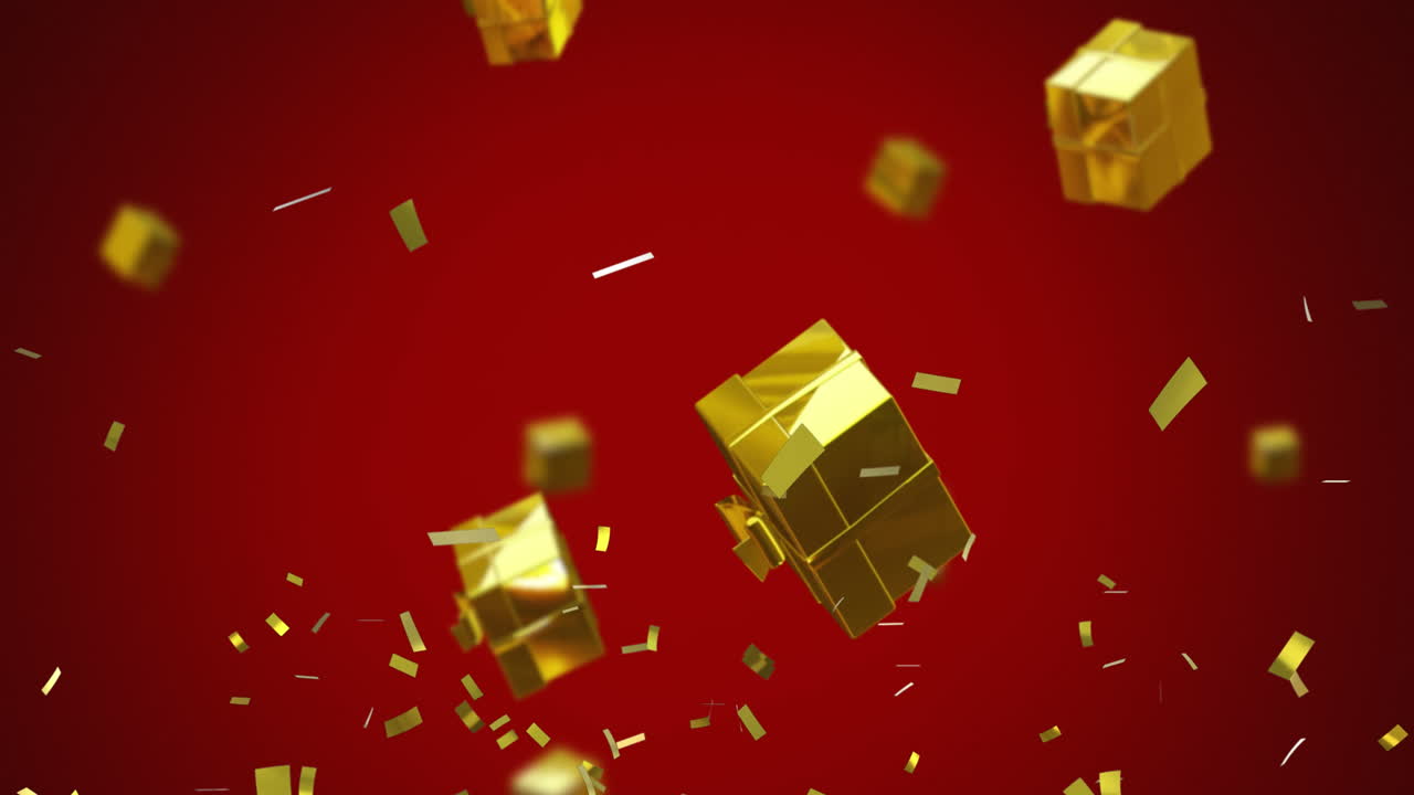 animación de regalos de oro de navidad y confeti cayendo sobre un fondo rojo.