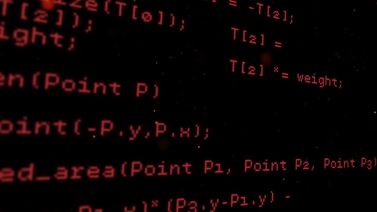 animación del procesamiento de datos en rojo sobre fondo negro con manchas rojas