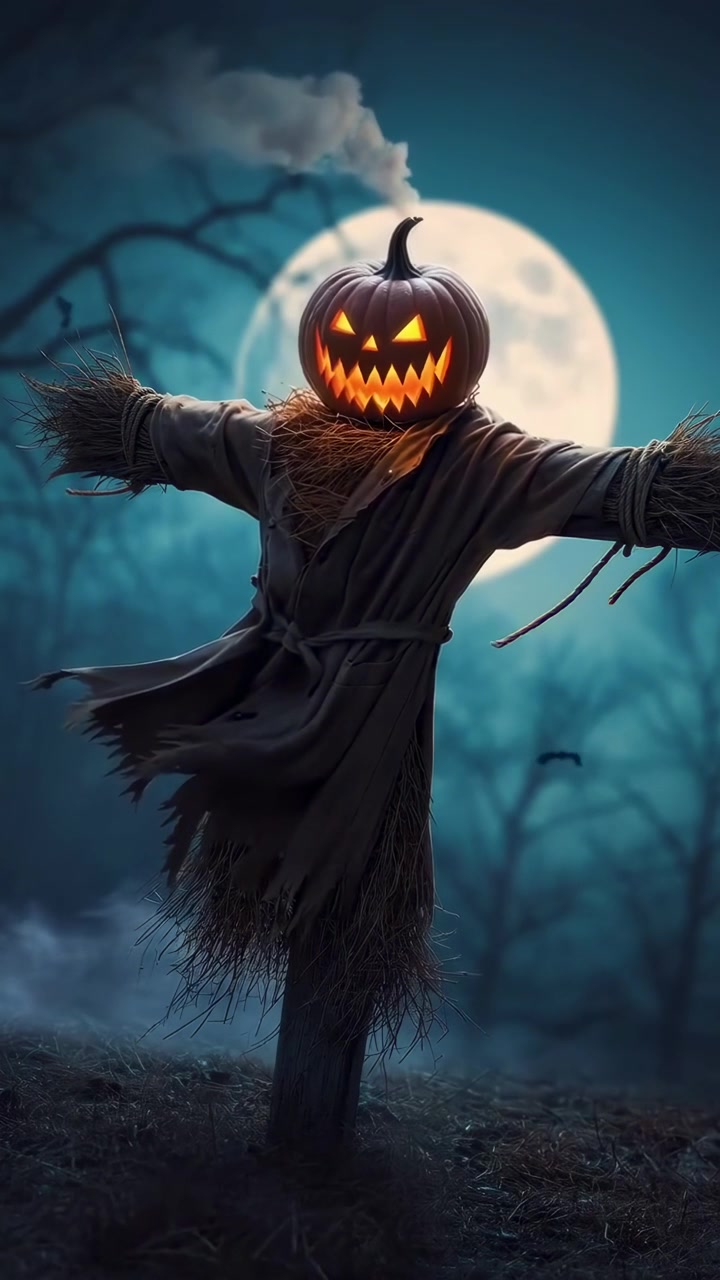 Spaventapasseri spettrale con testa di Jack-o'-lantern sotto la luna piena