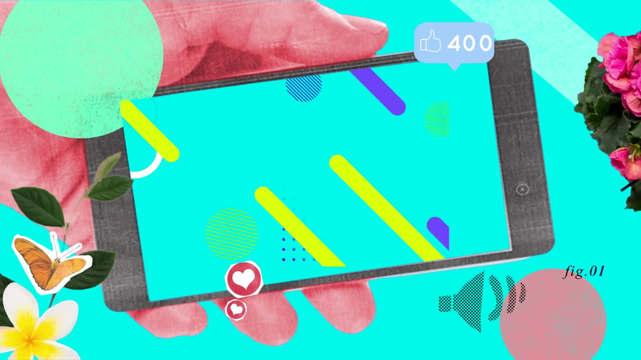 animación de plantas, flores y mariposas con la mano caucásica recortada sosteniendo el teléfono celular.
