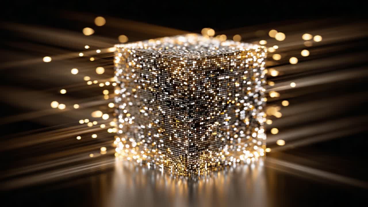 A mesmerizing display of illuminated particles surrounding a radiant cube, showcasing an interplay of light and depth in an ethereal digital environment