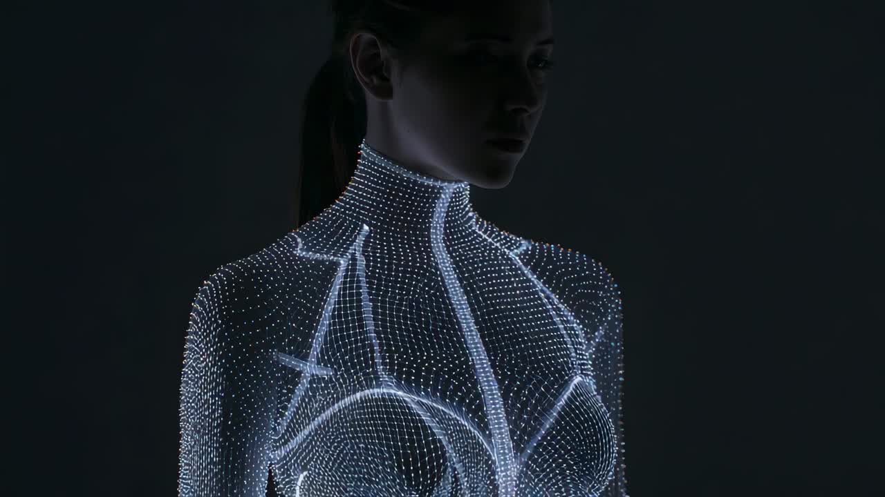 Projection activating model rotating upper torso and head in studio, showing LED bodysuit contours