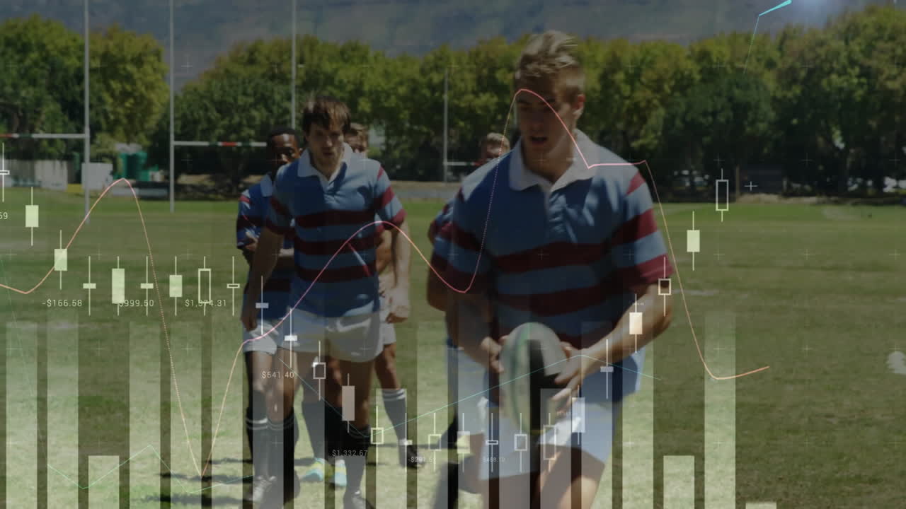 경기장에서 뛰는 럭비 선수들에 대한 금융 데이터 분석 애니메이션