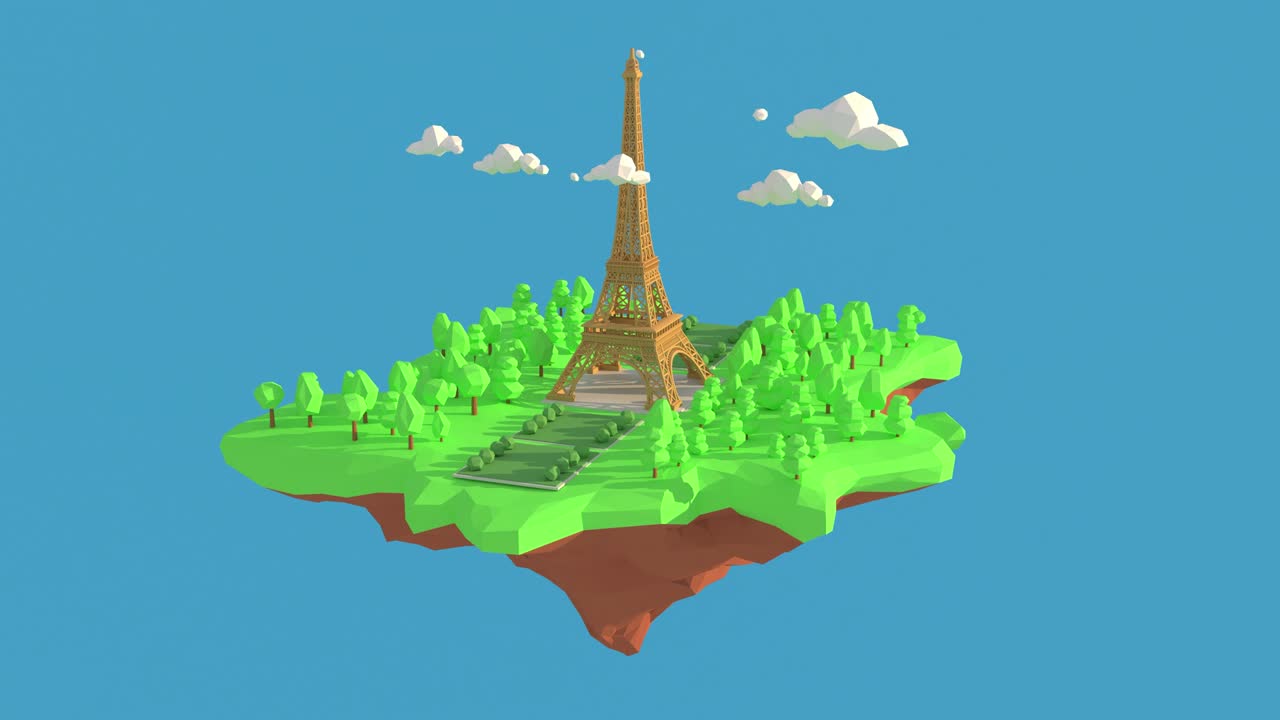 프랑스 에펠탑의 3d 애니메이션 루프: 낮은 다각형 기하학 배경, 추상적인 다각형기하학 모양, 낮은 미니멀 스타일의 예술