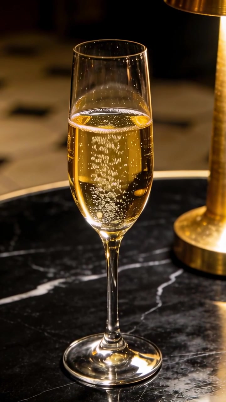 Flûte da champagne che rilascia un flusso continuo di bollicine dalla base, con una lampada che emette una luce calda per il marketing di un bar.