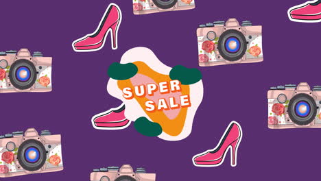 animación de la cámara y los iconos de zapatos con texto de super venta sobre fondo púrpura
