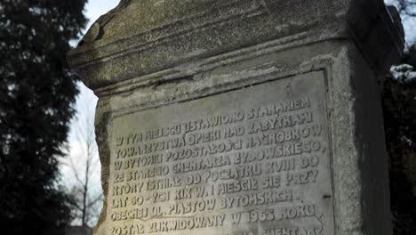 memorial plaque at the old jewish cemetery on winter sunny day