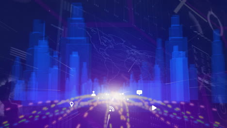 animation of huge sale text banner over light trails and digital icons against 3d city model