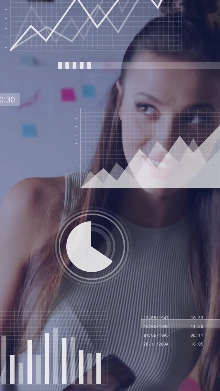 Business data analytics animation over diverse colleagues discussing in office