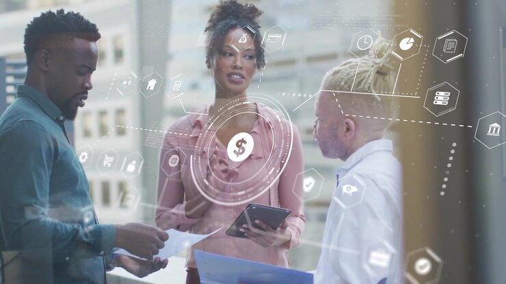 Central woman tapping tablet and leading finance briefing, HUD dollar icon aligning over documents