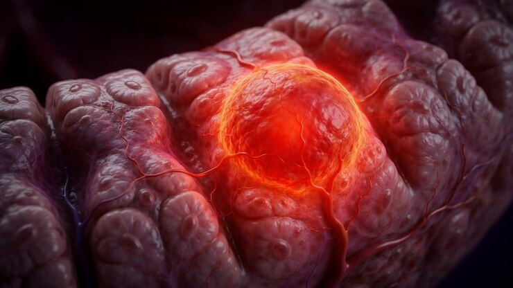 Extreme close-up of folded pink organ tissue with a small bright red glowing inflamed spot on its surface