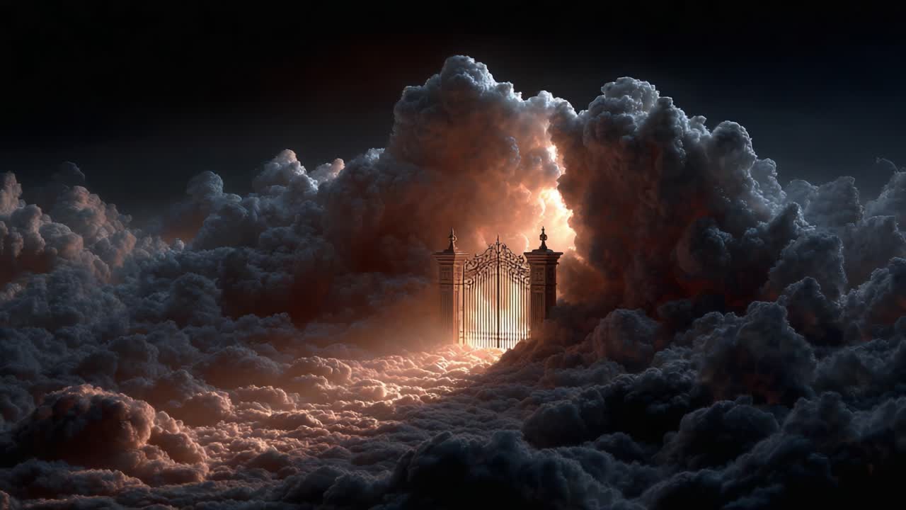 A Majestic Gate Surrounded by Ethereal Clouds and Soft Light, Capturing a Dreamlike Entrance into a Mystical Realm of Wonder and Beauty
