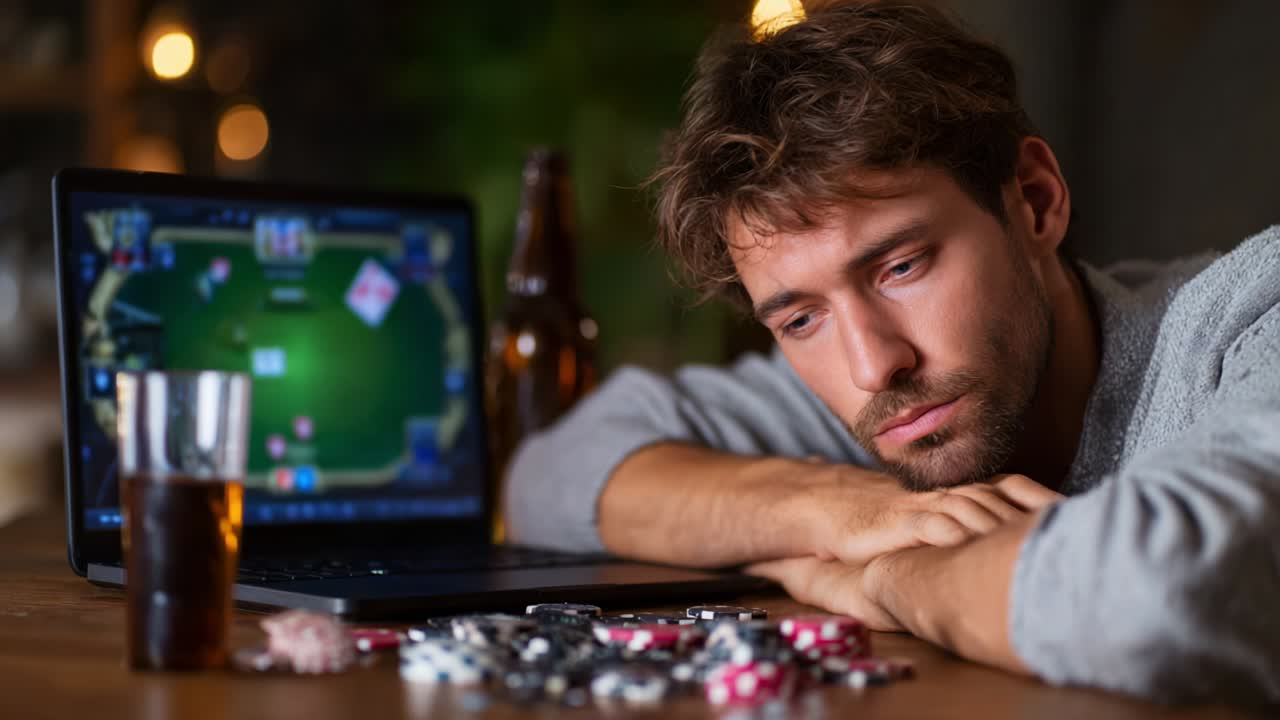 An Intense Poker Session: A Player's Focused Expression Shows the Emotional Rollercoaster of Online Gambling with Chips and a Drink Nearby, Highlighting the Tension of Virtual Casino Experiences