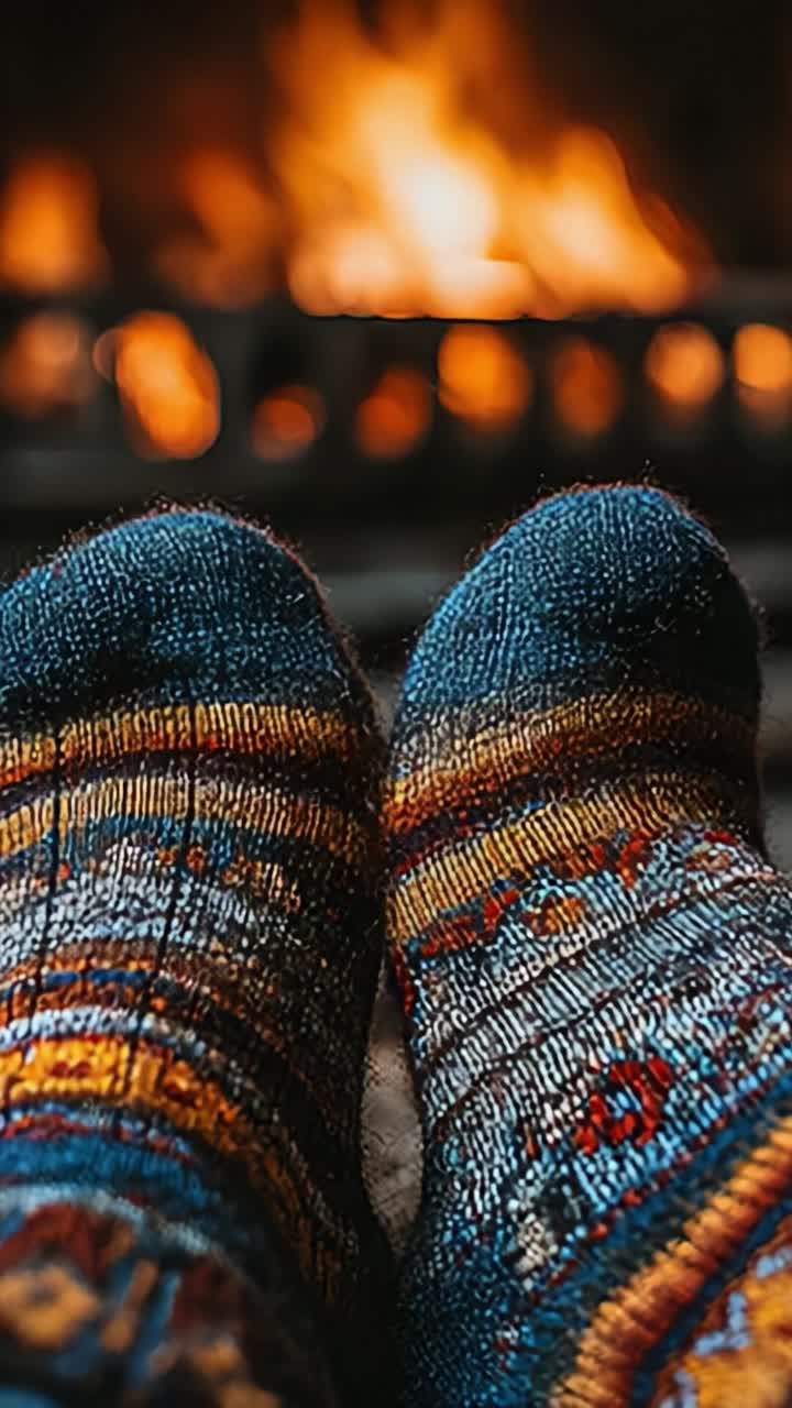 Cozy Feet by the Fire: A Warm and Inviting Atmosphere Capturing the Snug Comfort of Colorful Socks in Front of a Crackling Hearth