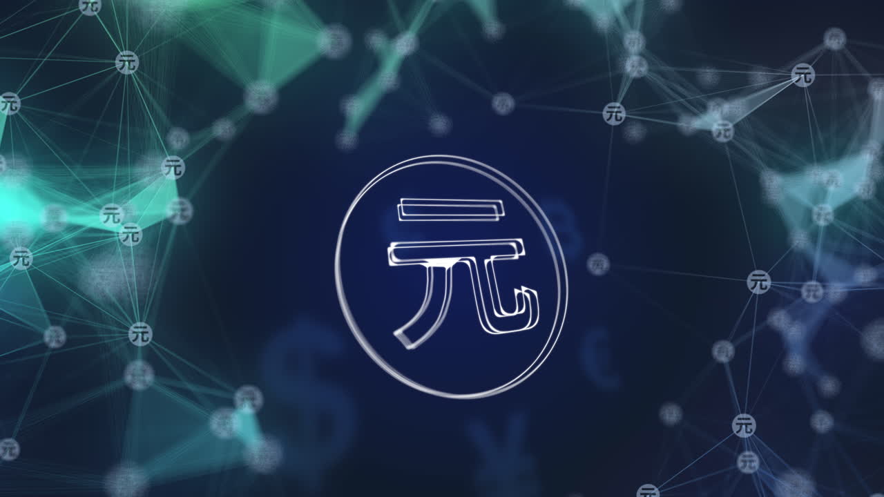 Rotating transparent Chinese yuan icon. Abstract blue animated 3D background with symbols of currency signs and plexus lines. Chinese currency.