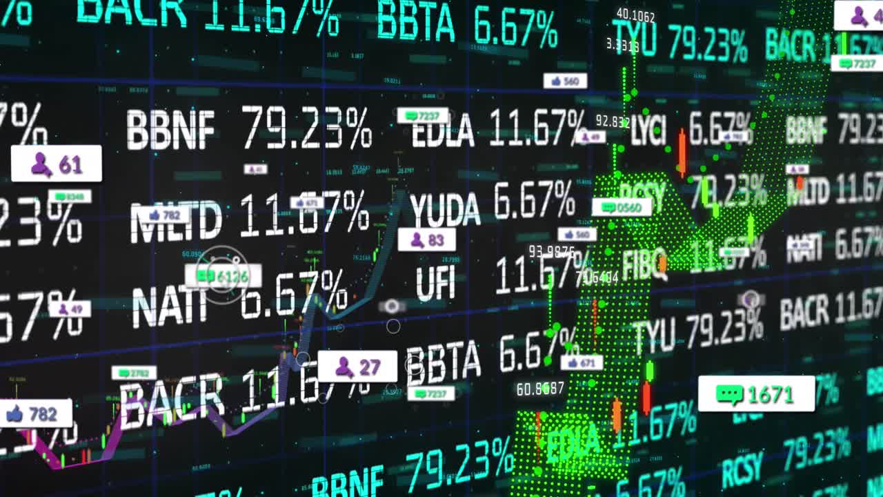 Animation of financial data processing and statistics on black background
