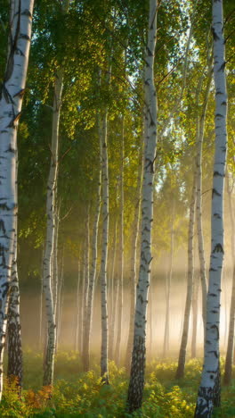 sunlight filtering through mist in a birch forest