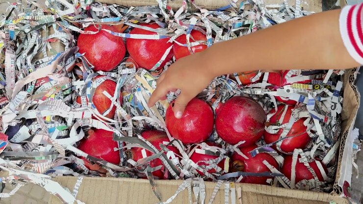 Mano che sceglie un melograno succoso da un cesto di frutta appena raccolta